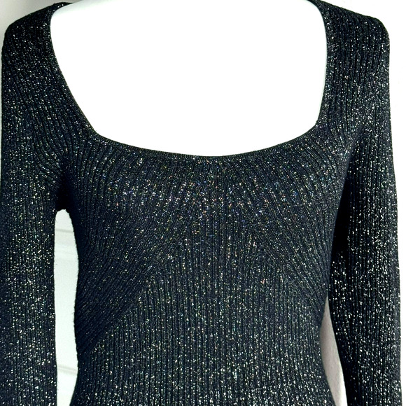 ABERCROMBIE & FITCH Large Black Silver Metallic Long Sleeve Ribbed Knit Bodysuit - Picture 3 of 10